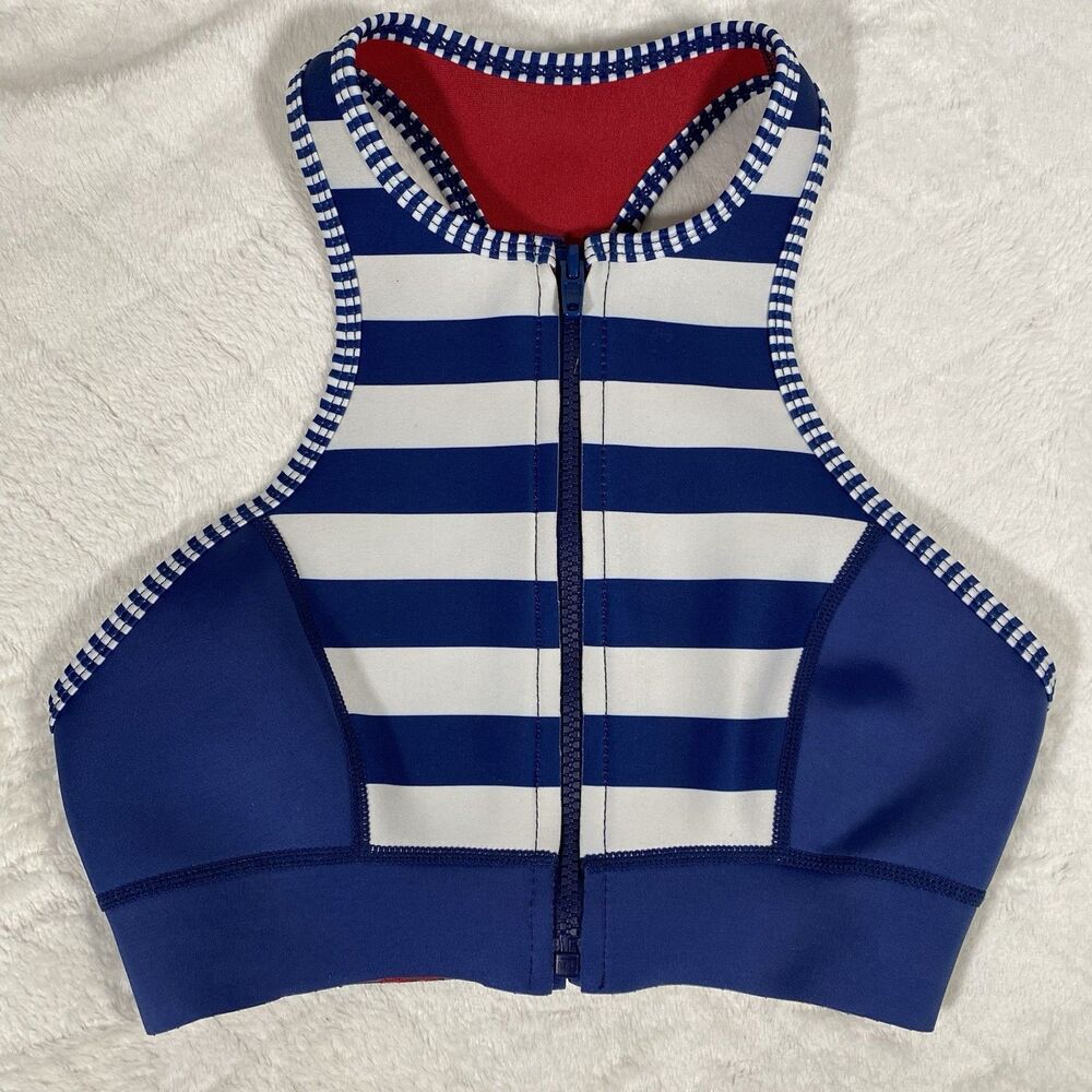 Duskii Women's XS Neoprene Swim Top Zip Up White Blue Stripes Surfer Beachy